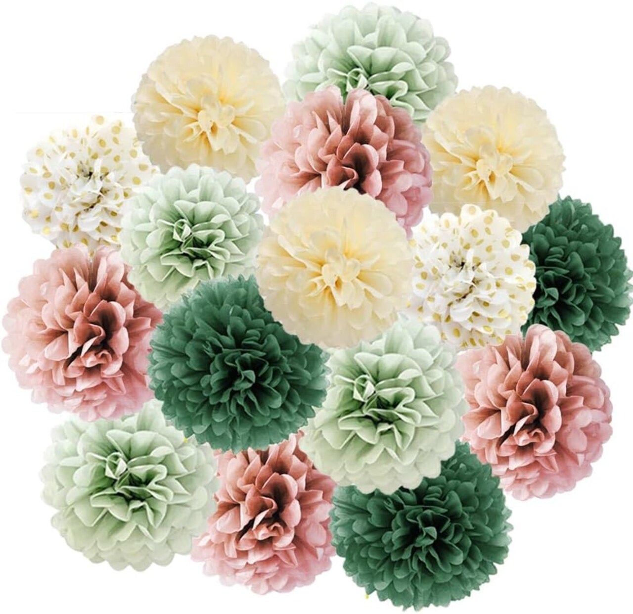 16pcs Dusty Rose Olive Sage Green Tissue Paper Pom Poms Ceiling Decors Flowers Sage Green Dusty Pink Party Decorations for Bridal Shower Baby Shower Rustic Wedding Birthday Engagement Party Decorations